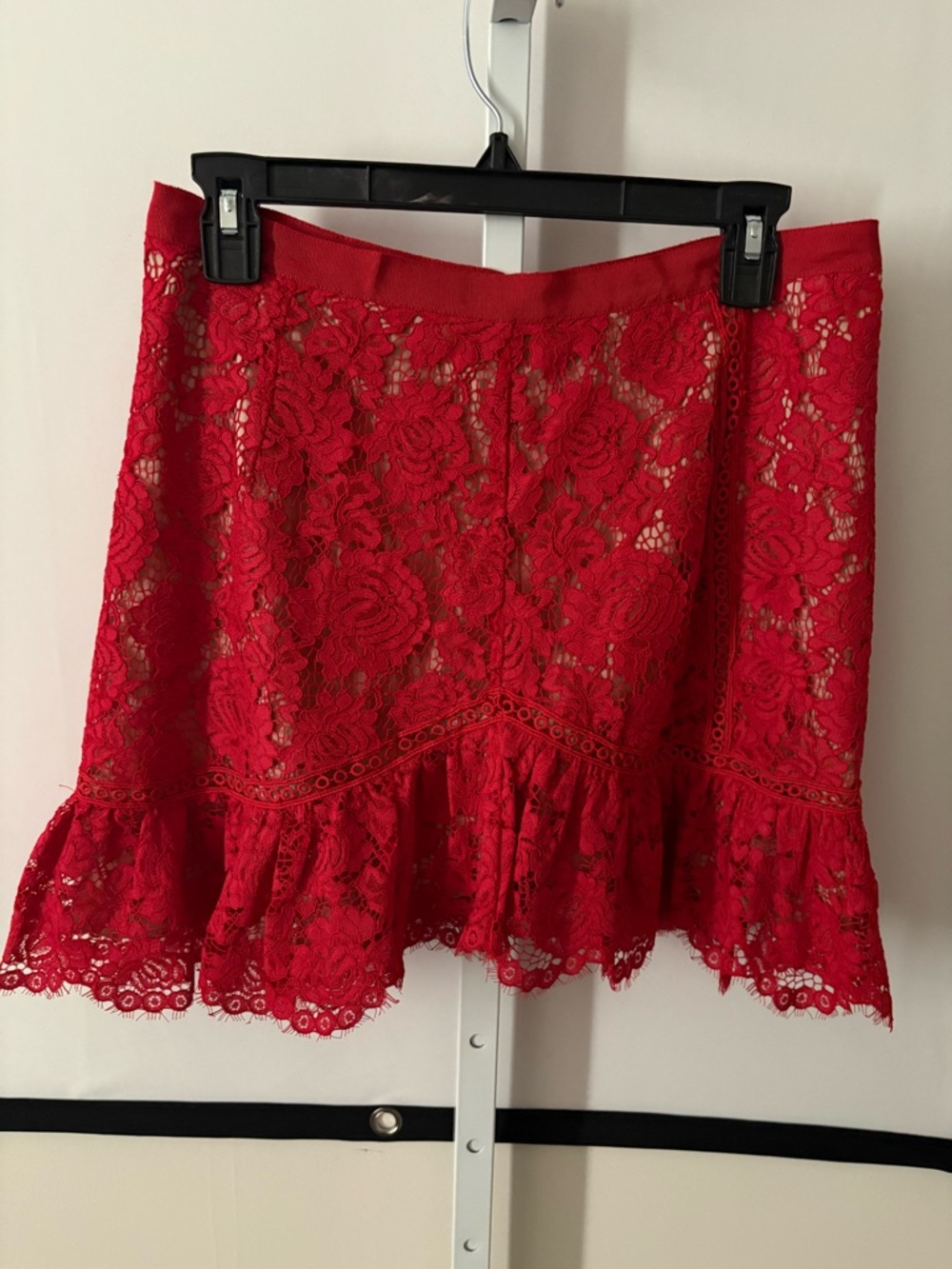 SAYLOR Red Floral Lace Mini Skirt with Ruffle Hem